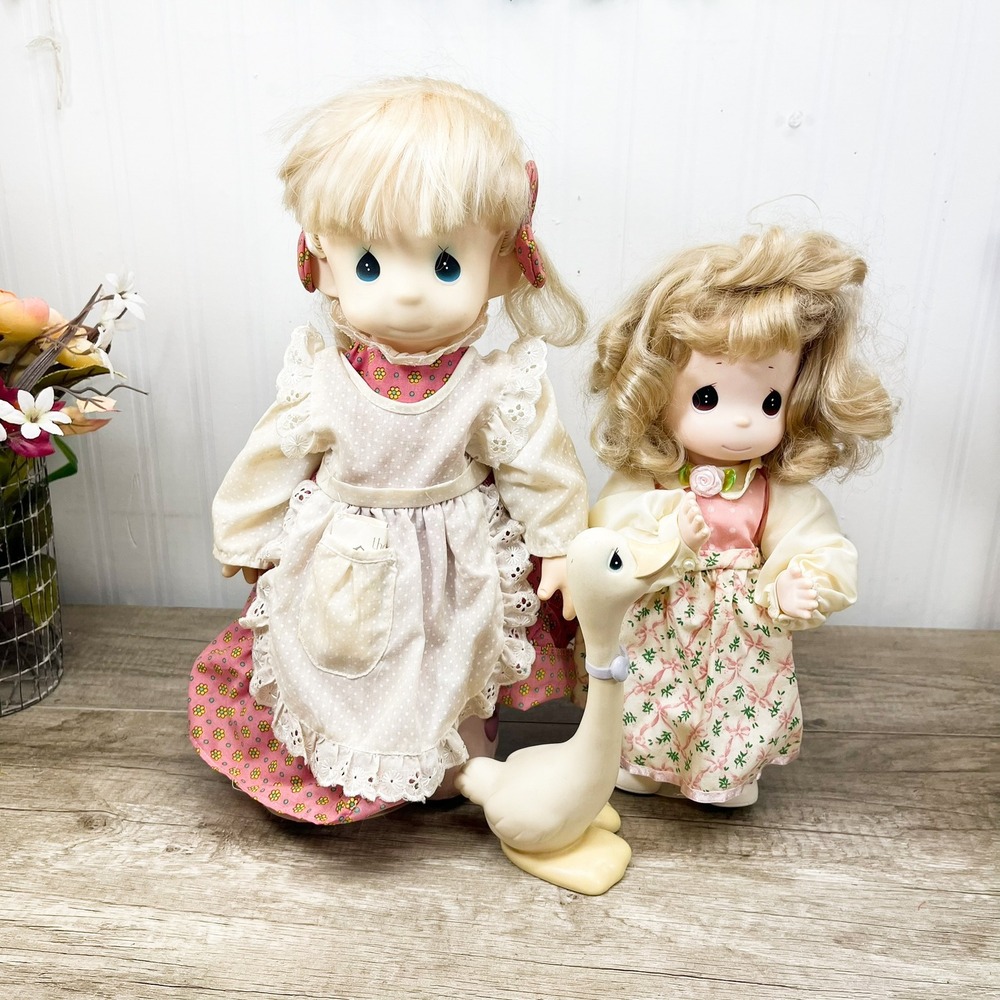 Precious Moments Porcelain Dolls Lot of 2 with Goose Figurine and Stand Vintage